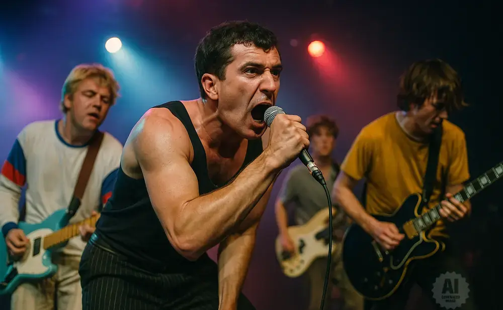 A male singer belts into a microphone on stage, with band members playing guitars behind him.