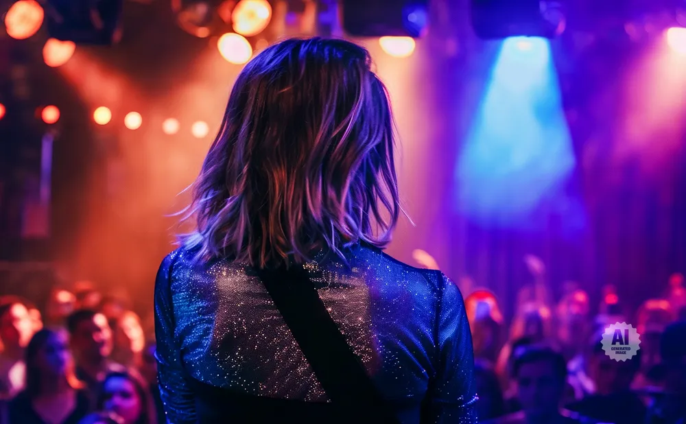 A singer on stage with a crowd in the background, lit by colorful stage lights.