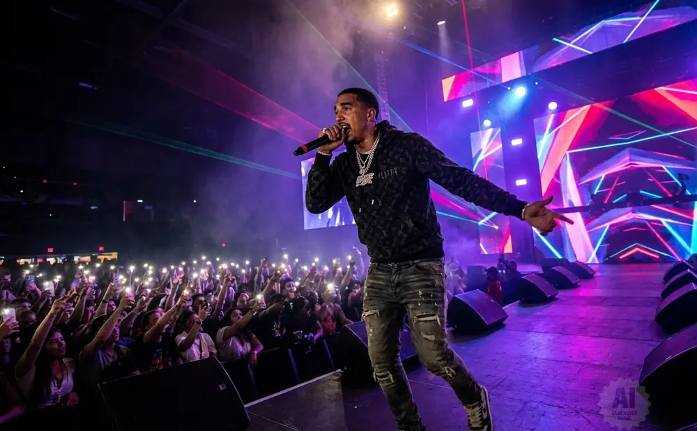 Rapper performing on stage for a large crowd holding up their phones.