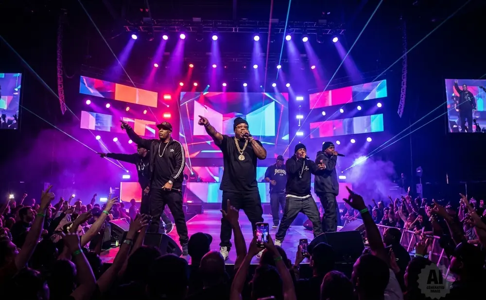 Rappers perform on a brightly lit stage in front of a cheering crowd.