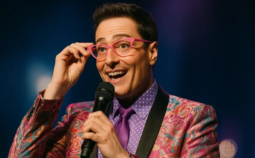 A man with pink glasses and a colorful jacket holds a microphone.