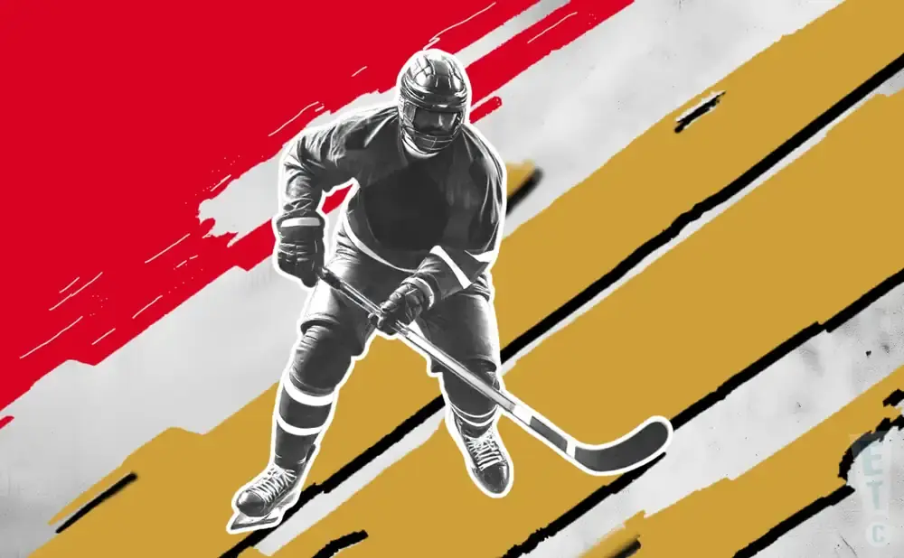A hockey player in vintage gear skates on a background of red, yellow, and white abstract shapes.