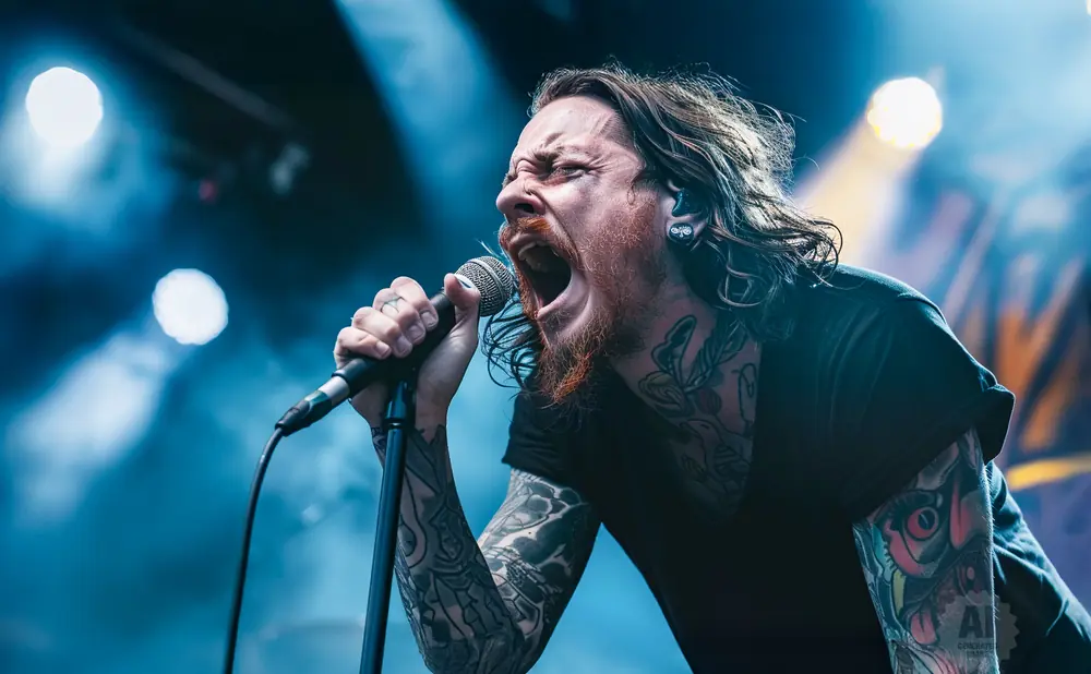 A tattooed man with long hair sings passionately into a microphone on a dimly lit stage.