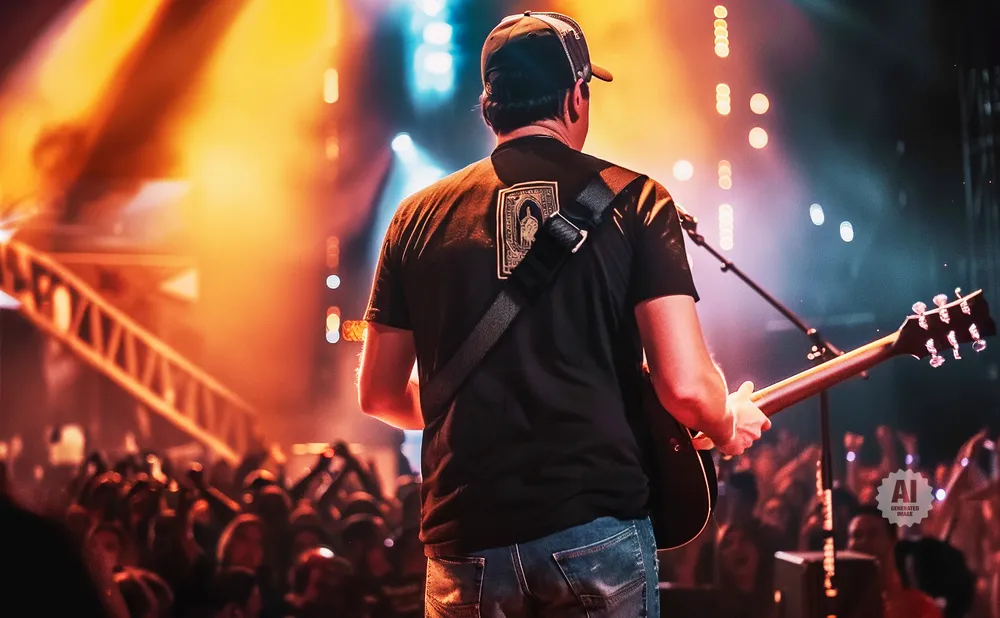 Guitarist on stage with bright lights and a cheering crowd, facing away from the camera.