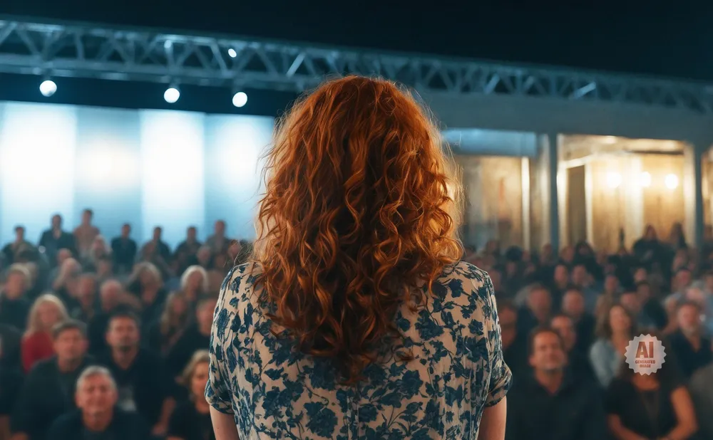 A woman with curly red hair faces away from the camera, speaking to a seated audience in a dimly lit venue.