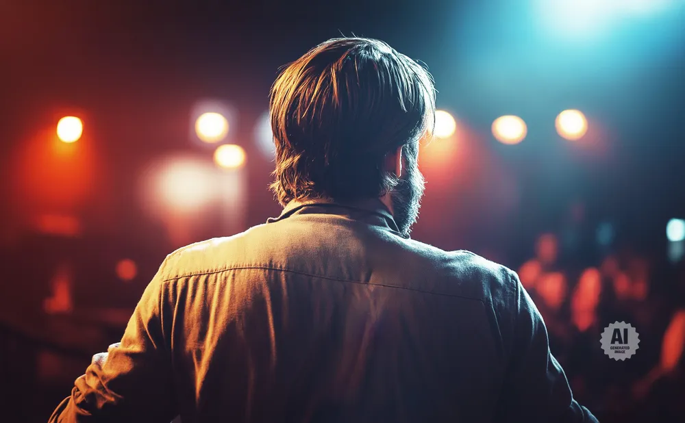 Man with beard and short hair, facing away from camera, wearing a button-down shirt on a dimly lit stage.
