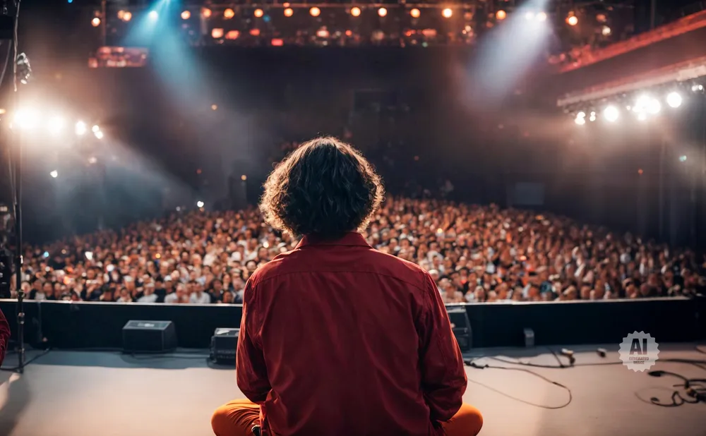 A person with curly hair in a red shirt sits on a stage facing a large, cheering crowd in a concert hall.