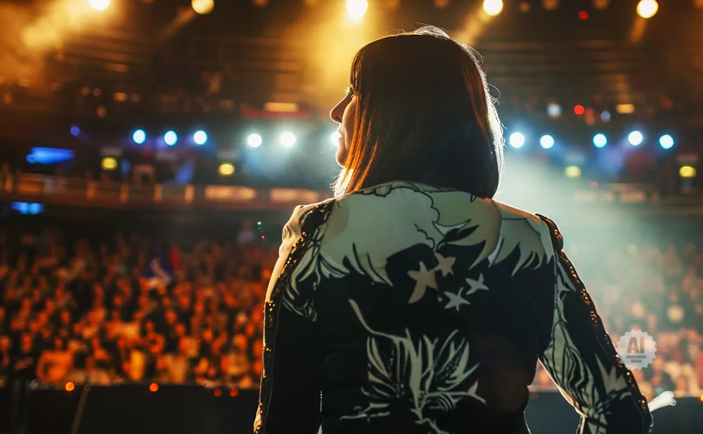 Singer in a jacket with a floral pattern looks out at a brightly lit concert crowd.