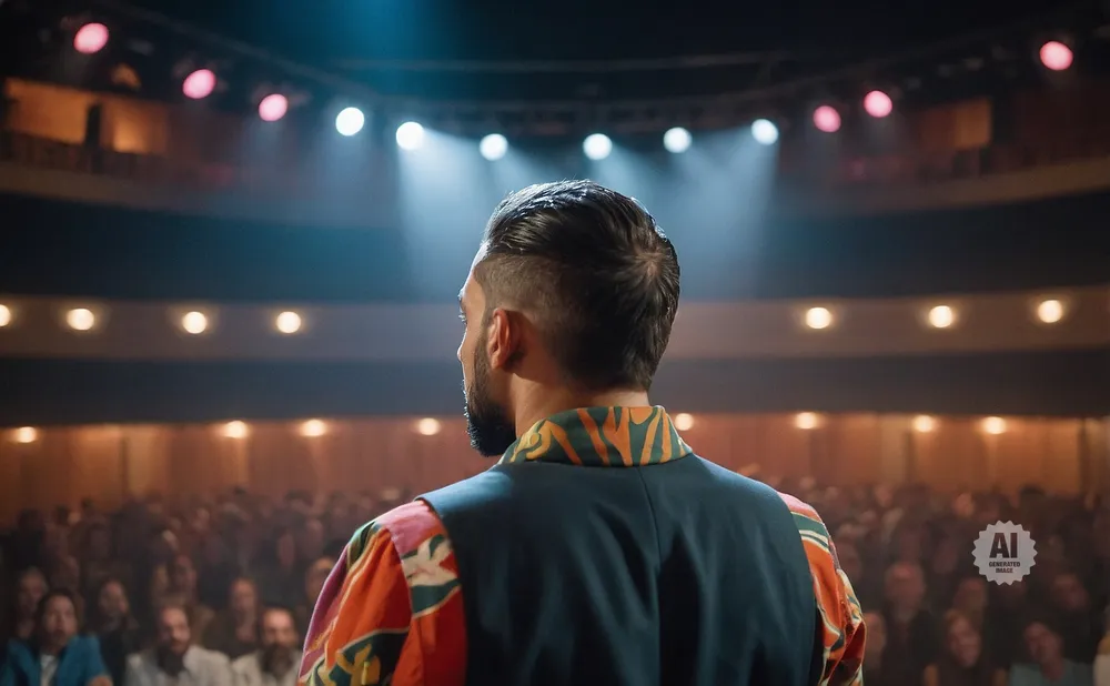 Man in colorful shirt and vest on stage with audience and lights