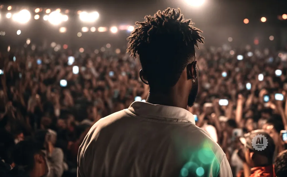 A performer with dreadlocks on stage facing a cheering crowd holding up phones.