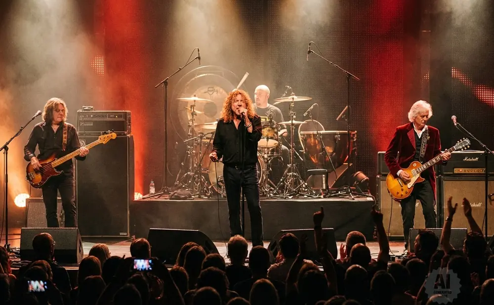 A rock band performs on stage with red lighting and smoke.