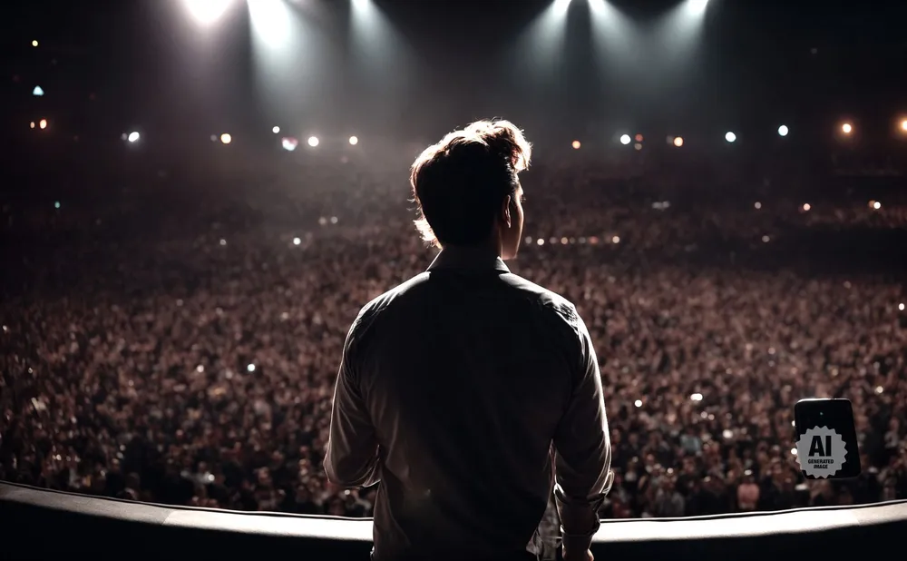 A performer stands on stage facing a large, dark audience, illuminated by spotlights.