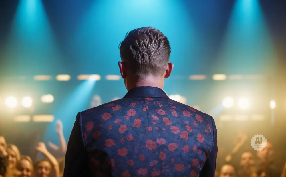 Man in a floral suit facing away from camera on stage, audience in the background, lit by blue and yellow spotlights.
