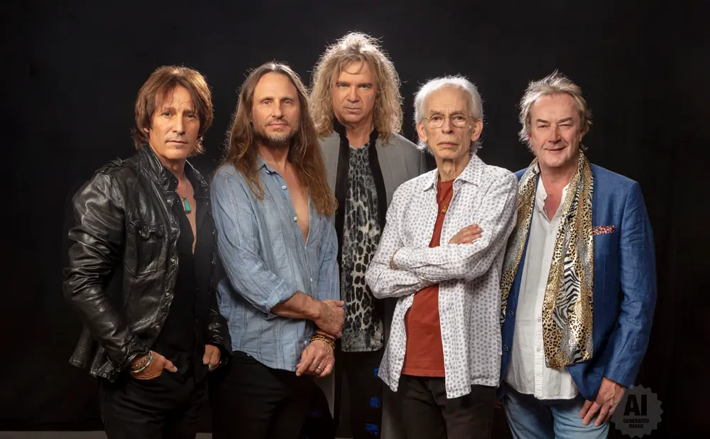 Five men stand against a black backdrop, some with arms crossed.