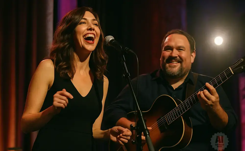 A female singer laughs into a microphone as a man plays guitar beside her.