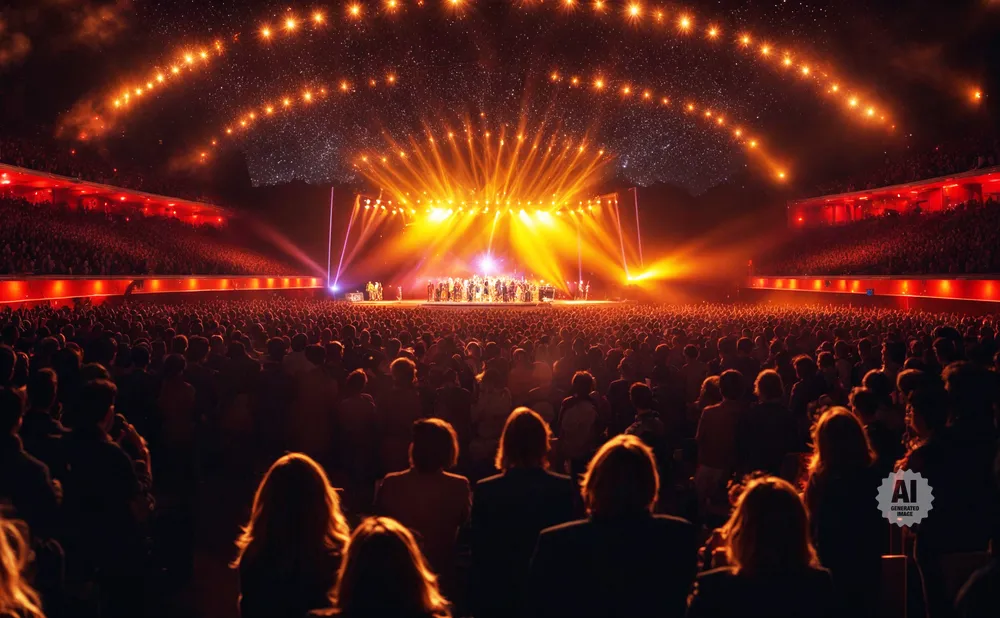 A concert crowd watches a brightly lit stage with performers under a starry sky.