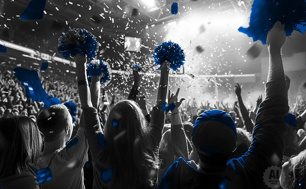 A crowd celebrates with blue pom-poms and confetti in a grayscale stadium.