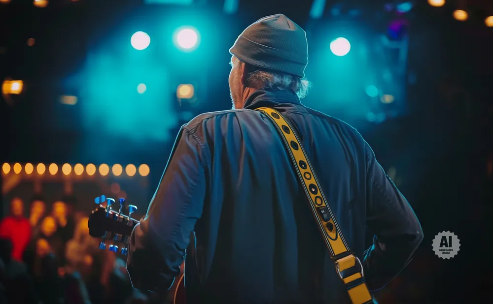 Guitarist playing on a stage with blue lights and a blurred audience in the background.