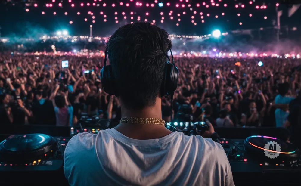 DJ wearing headphones plays to a large, cheering crowd at a night concert.