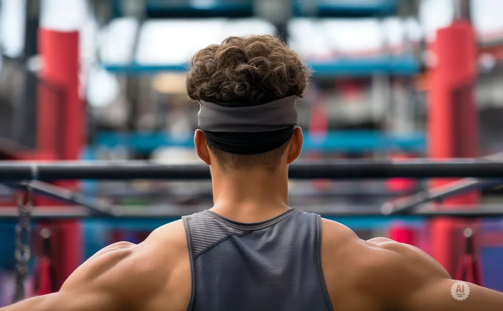 Back view of a man with curly hair wearing a headband and a tank top, showing his muscular back.