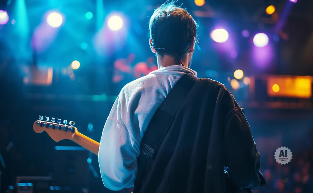 A guitarist on stage with blue and purple lights, playing an electric guitar.