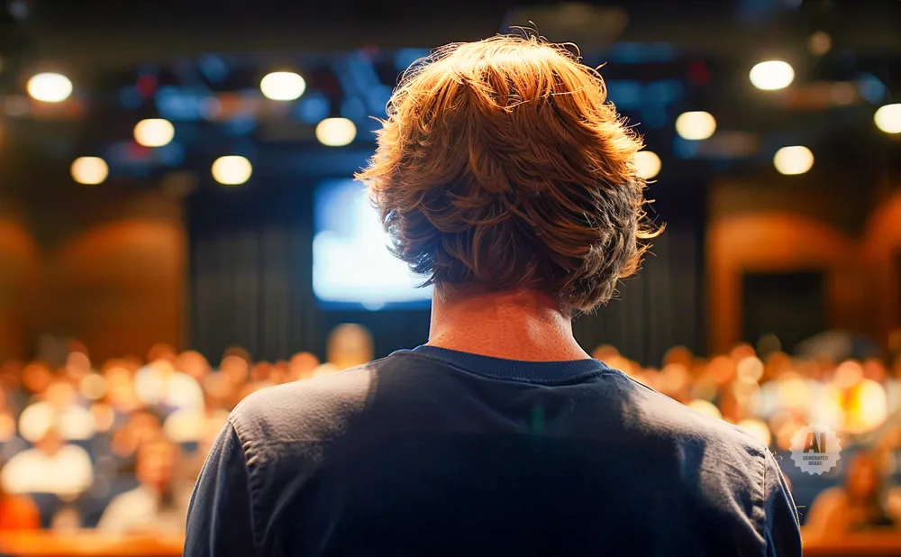 Man with reddish-brown hair facing away from the camera, speaking to a blurred audience in a dimly lit auditorium.