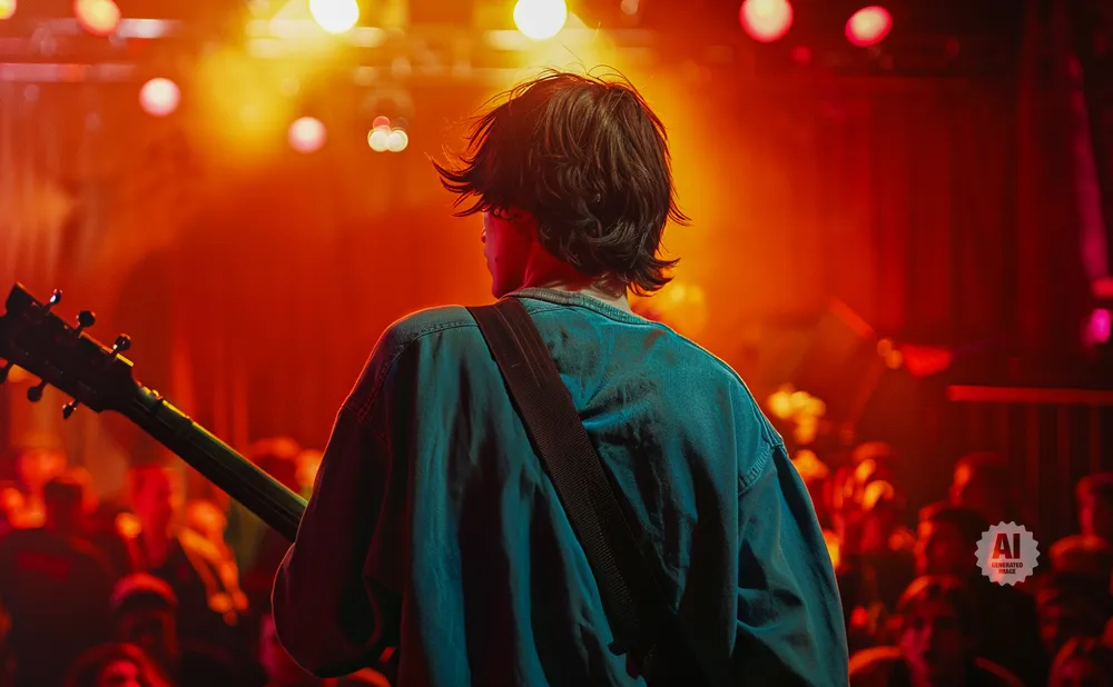 Guitarist on stage with a teal shirt, facing away from the camera, illuminated by red and orange stage lights.