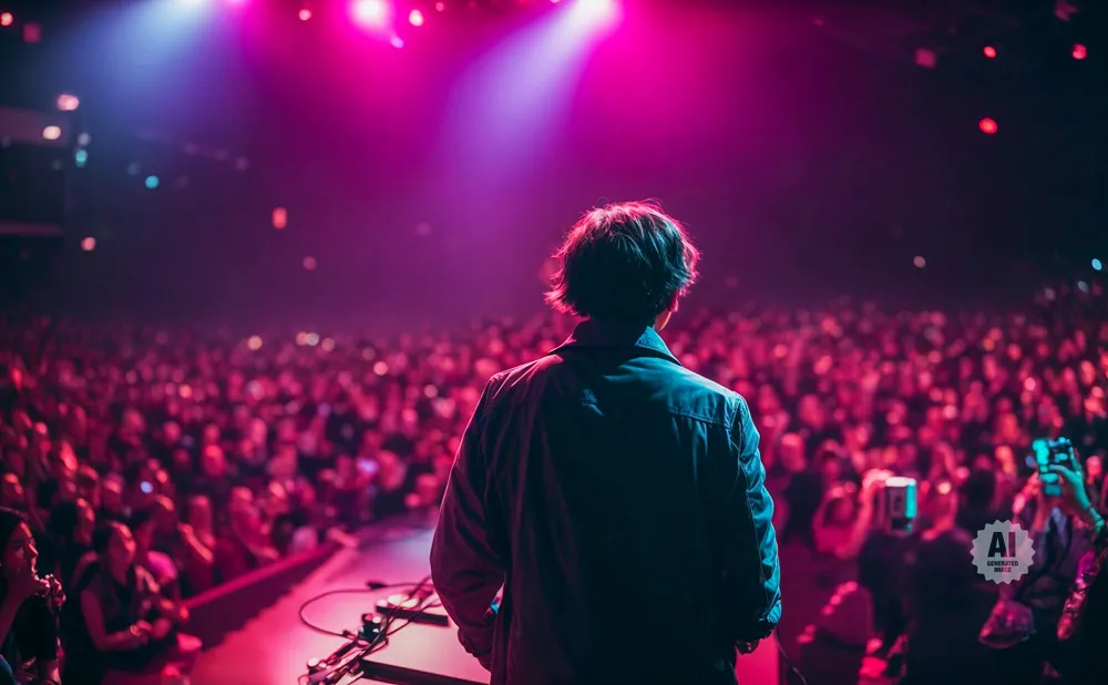 A person stands on stage facing a large, cheering crowd under vibrant pink and blue lights.