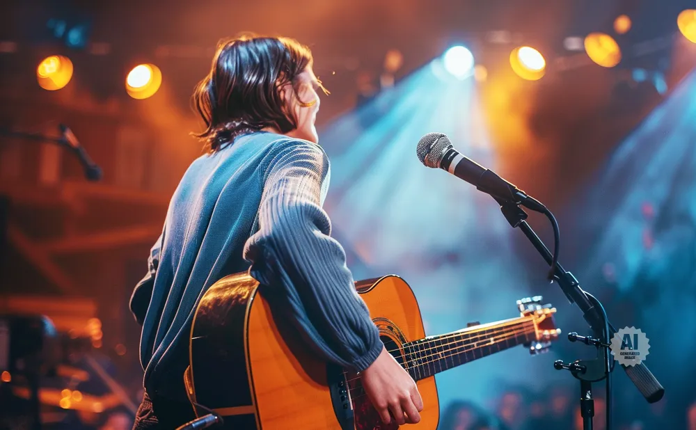 A person plays an acoustic guitar on stage with stage lights and a microphone.