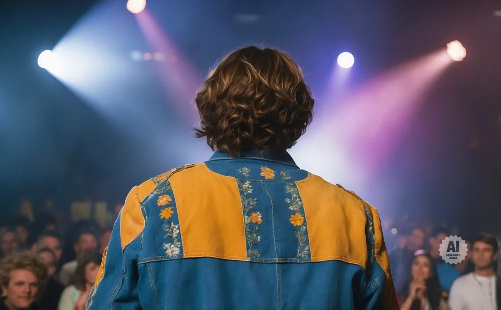 A person in a blue and yellow embroidered jacket stands on stage, facing an audience under colorful spotlights.
