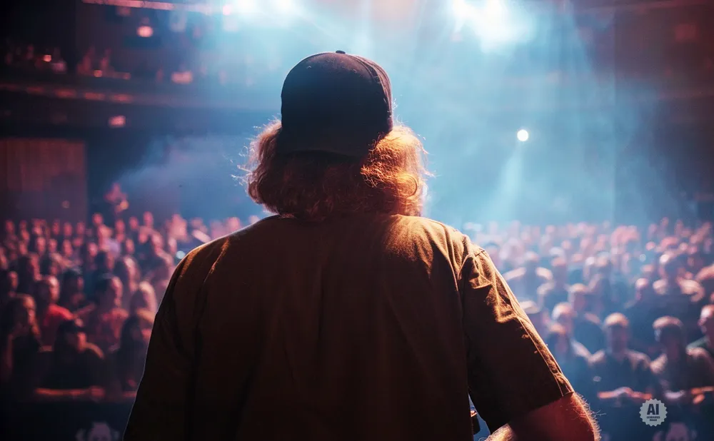 Person with curly red hair and a baseball cap on stage addressing a crowd in a concert venue.