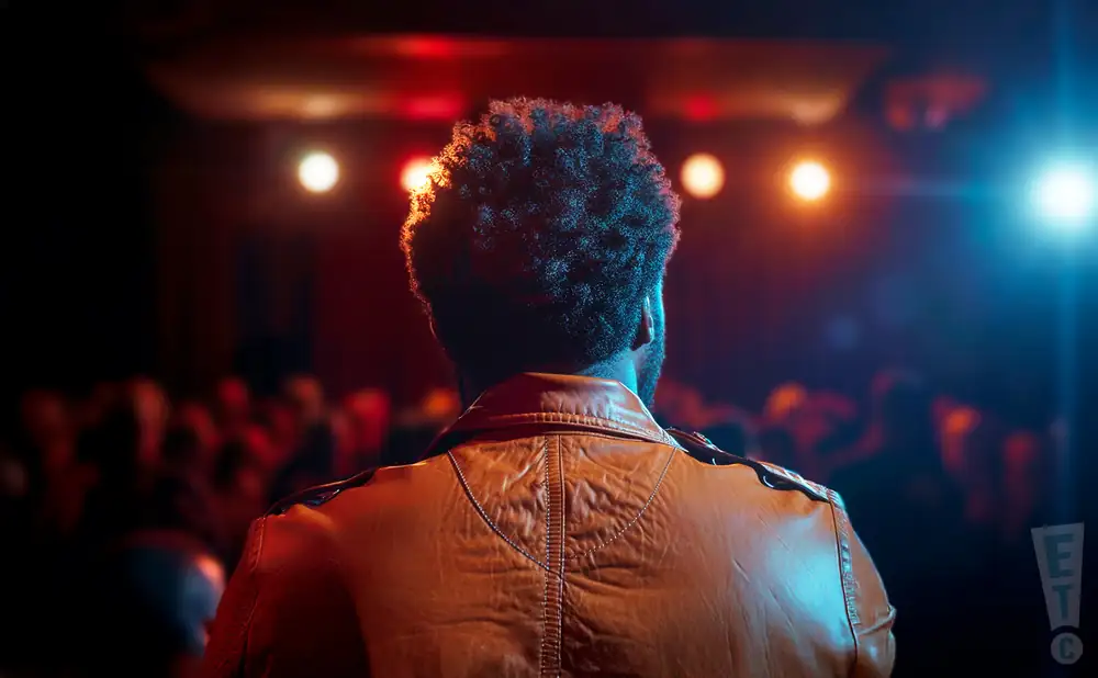 Back view of a person with curly hair wearing a leather jacket on a stage with red and blue lights.