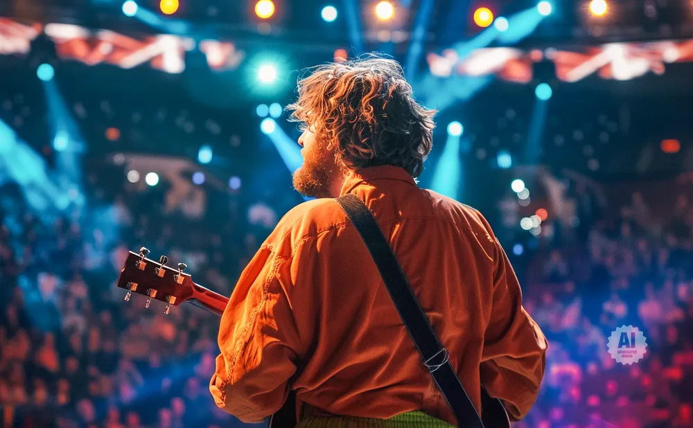 Man playing guitar on stage with a bright, blurred background of lights and a crowd.