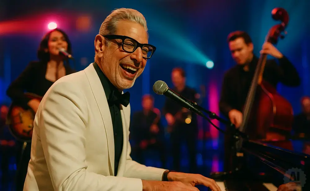 Jeff Goldblum plays the piano in a white suit with a band behind him.