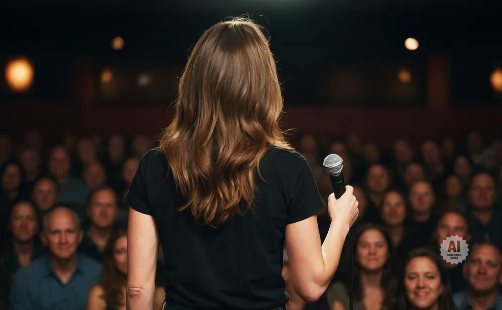 A woman with brown hair holds a microphone and faces a seated audience in a dimly lit theater.