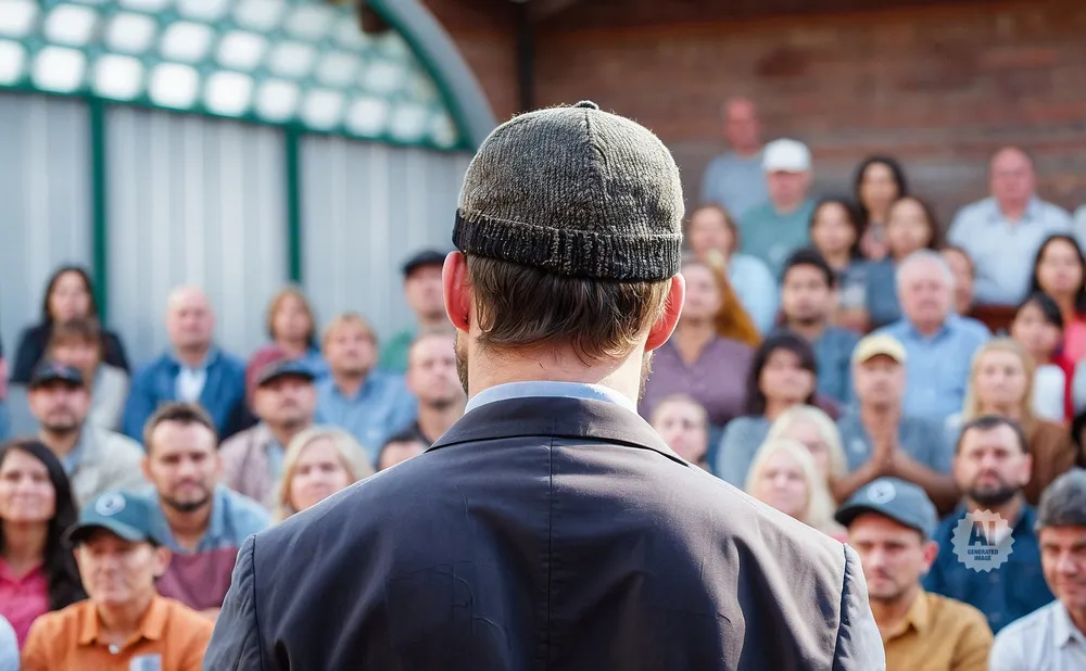 Man in a knitted cap addresses a crowd in bleachers.