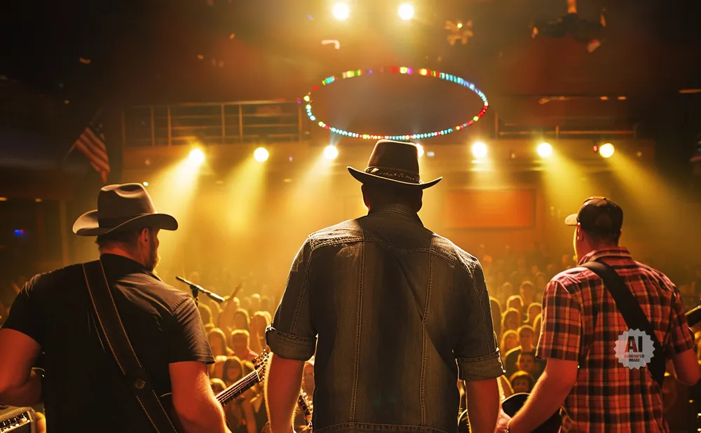 Three musicians in cowboy hats and plaid shirts perform on stage in front of a cheering crowd.