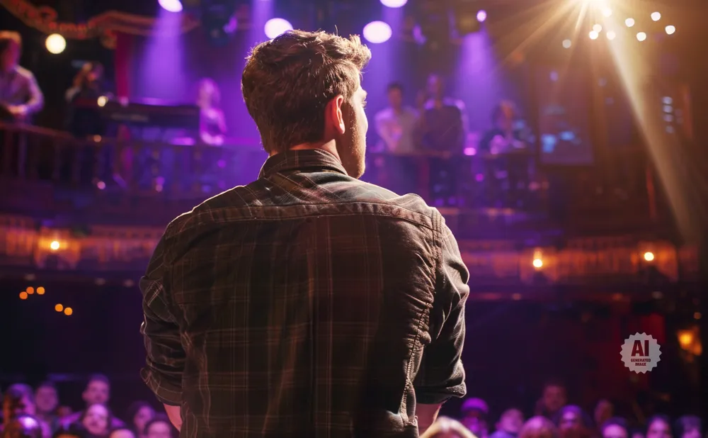 A man in a plaid shirt faces away from the camera, standing on a stage under purple lights, with an audience visible below.