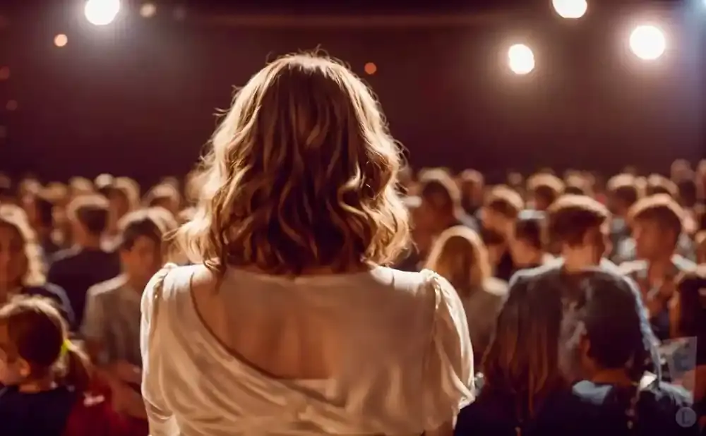 A woman with wavy blonde hair, facing away from the camera, addresses a crowd in a dimly lit auditorium.
