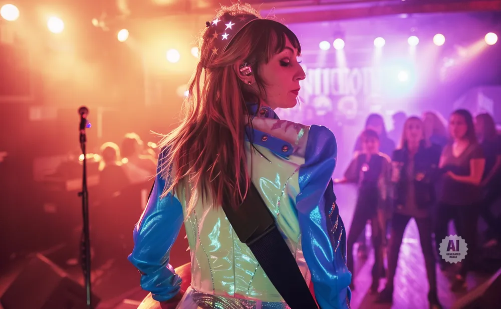A woman in a shiny blue and yellow jacket performs on stage with a microphone stand and a blurred audience in the background.