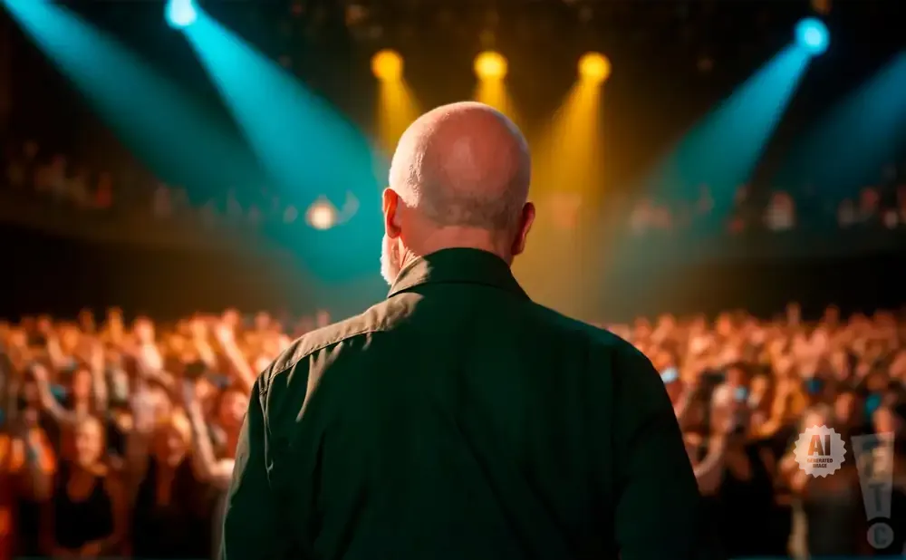 Bald man in dark shirt on stage facing cheering audience, lit by teal and yellow spotlights.