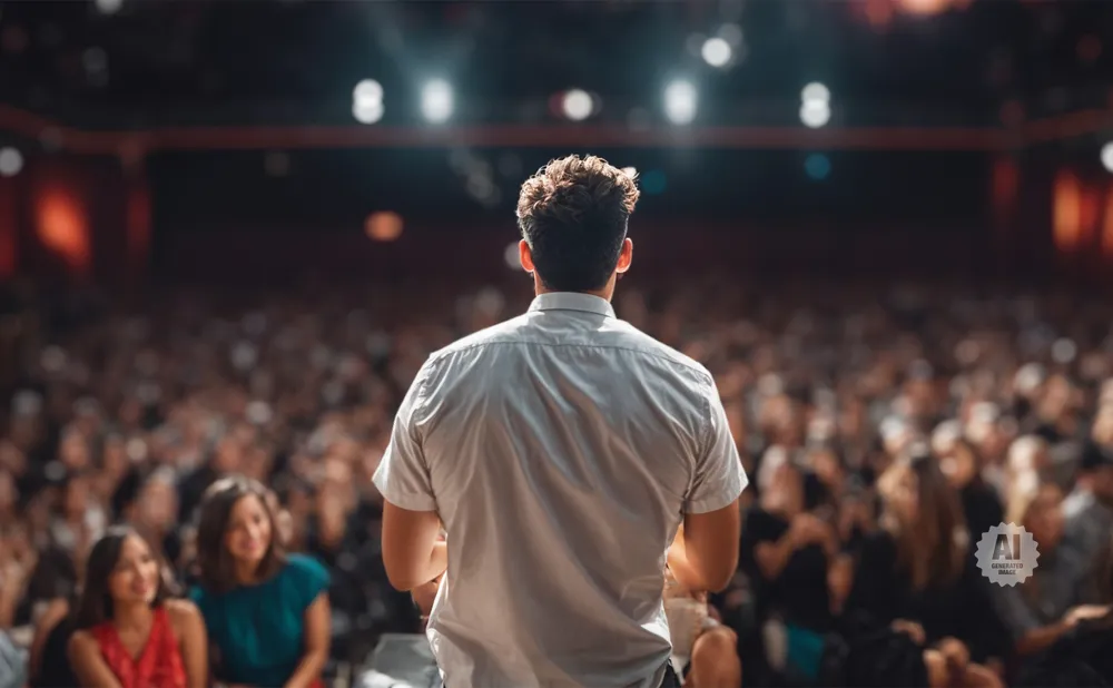 Man in a white shirt speaking to a large, blurred audience from a stage.