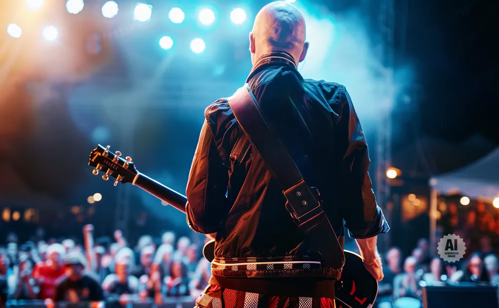 A bald guitarist plays on a brightly lit stage in front of a cheering crowd.