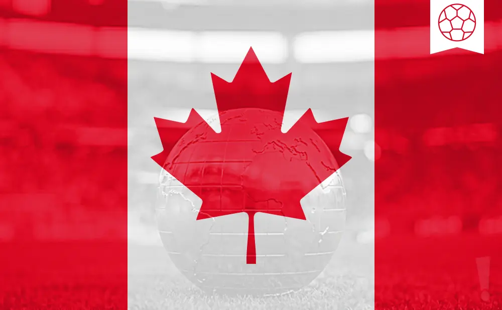 Canada's flag superimposed on a globe, with a soccer ball icon in the top right corner.