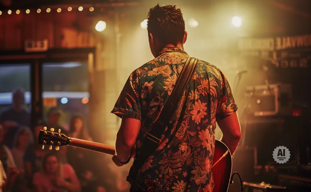 Man in a floral shirt plays guitar on stage with an audience blurred in the background.
