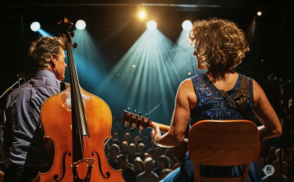Musicians play on stage with a double bass and guitar under spotlights to a cheering audience.