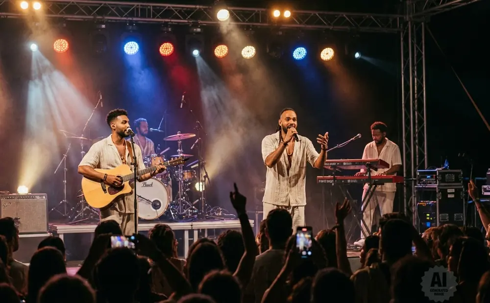 A band performs on stage with bright lights. A singer holds a microphone and gestures, while a guitarist plays an acoustic guitar.