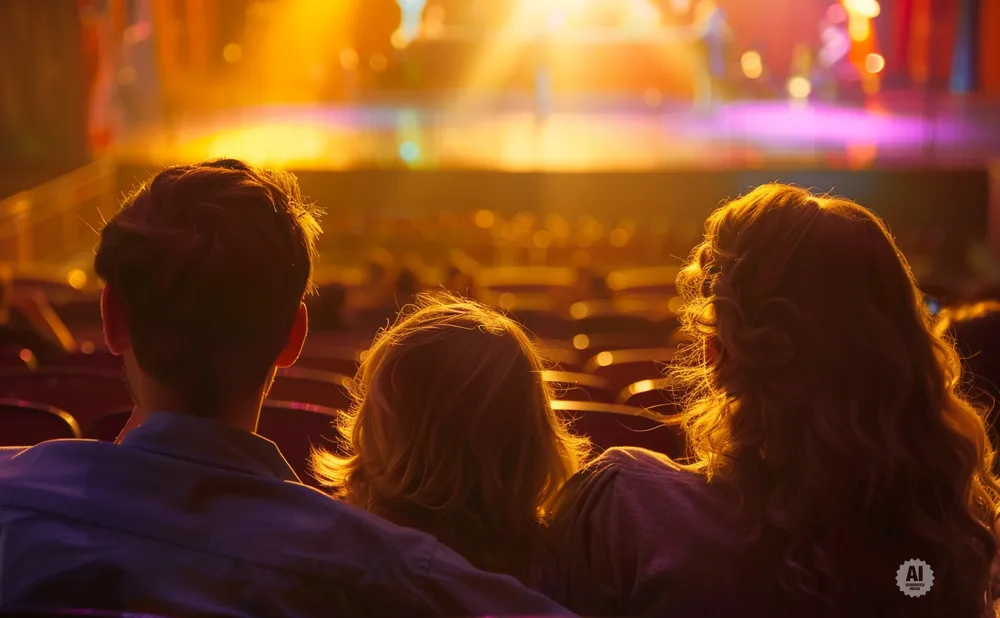 Three people watch a brightly lit stage from behind, with warm lighting illuminating their hair.
