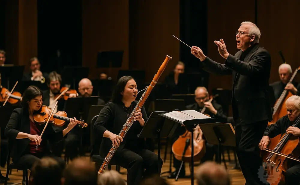 An orchestra conductor leads musicians playing violins, cellos, and a bassoon.