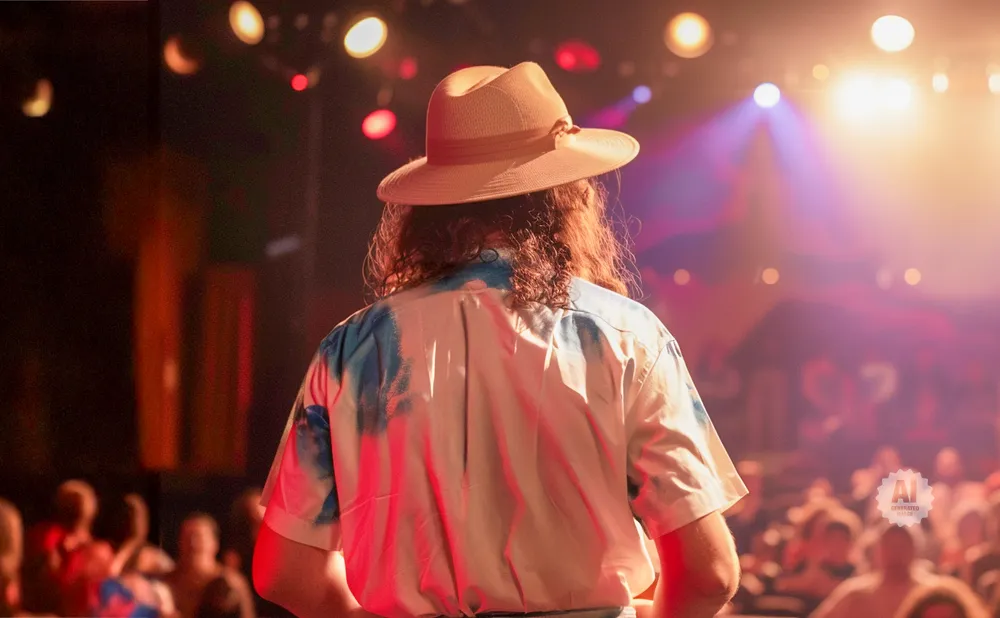 Man with long hair wearing a hat and a tie-dye shirt on stage under bright lights.